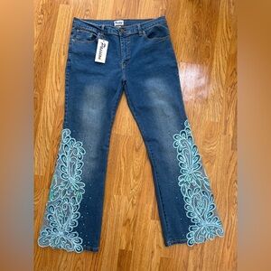 NWT Passion Flare Bell Bottom Jeans Sequins Lace- Boho Western - Size 38 (US 14)